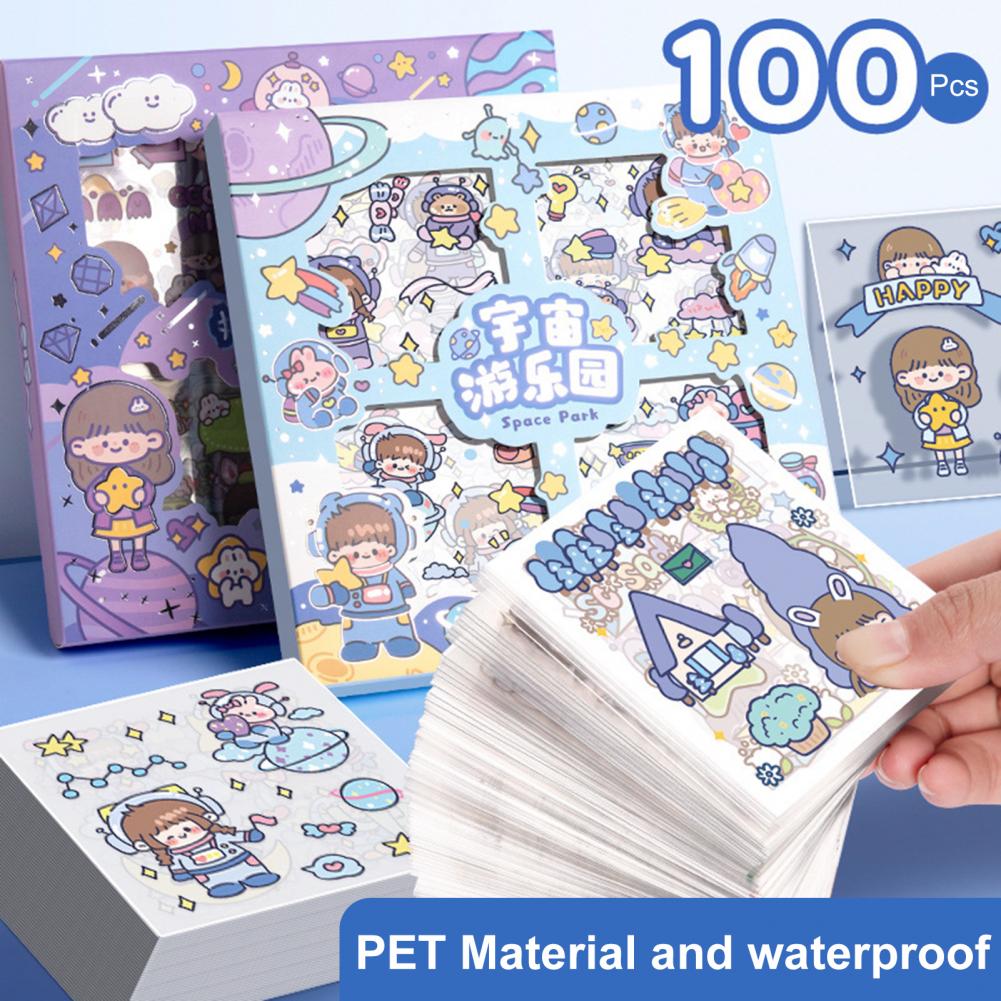 100Pcs/Set Cartoon Stickers Rich Patterns Self-adhesive Children Stationery Palm Stickers Daily Use PET Waterproof Handbook DecorationCreative Childrens Pocket Stickers Kids Gifts