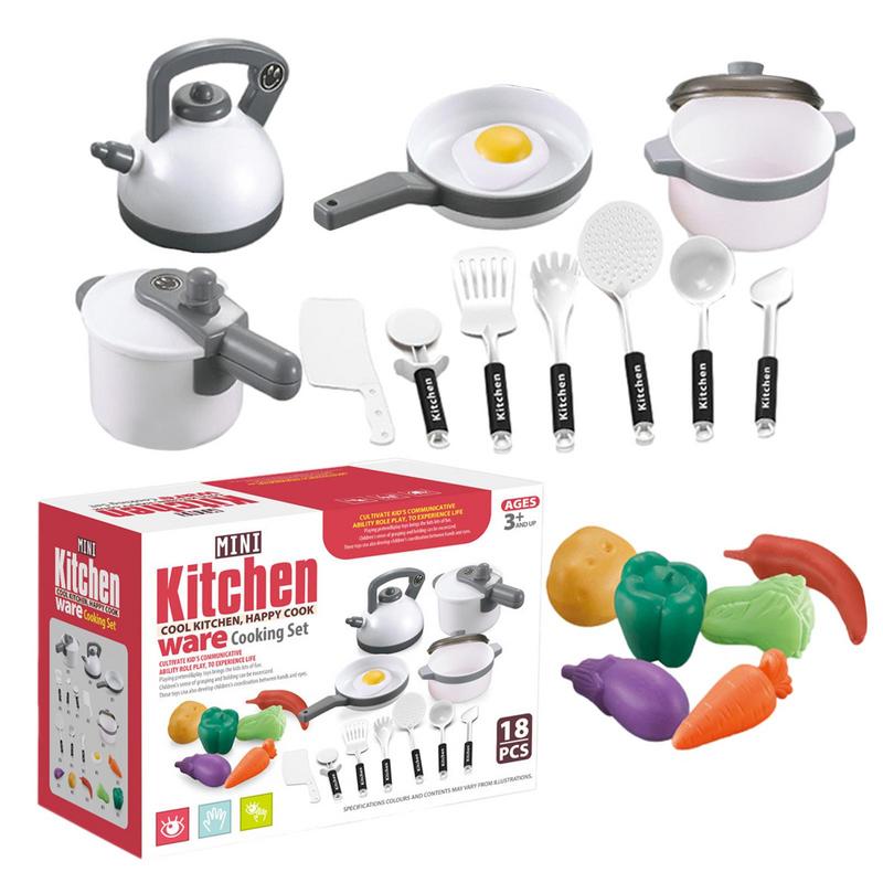 18 Pcs Kitchen Pretend Play Toys Kit Cookware Pots and Pans Set Cooking Utensils Cutting Vegetables Kitchen Accessories for Kids