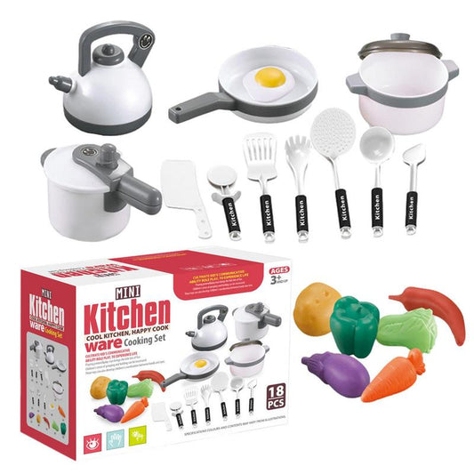 18 Pcs Kitchen Pretend Play Toys Kit Cookware Pots and Pans Set Cooking Utensils Cutting Vegetables Kitchen Accessories for Kids