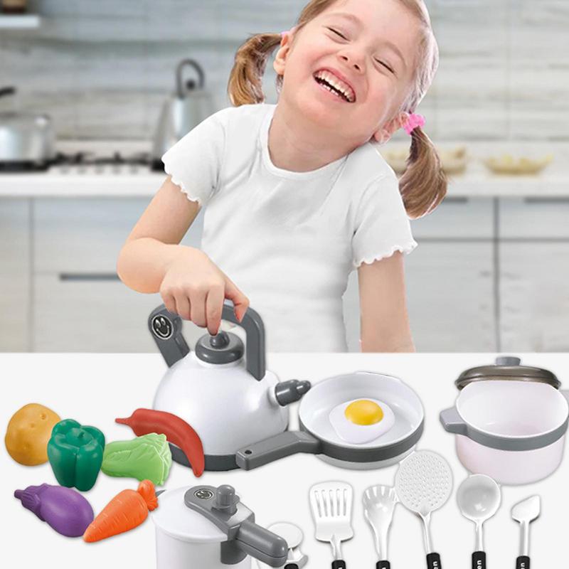 18 Pcs Kitchen Pretend Play Toys Kit Cookware Pots and Pans Set Cooking Utensils Cutting Vegetables Kitchen Accessories for Kids