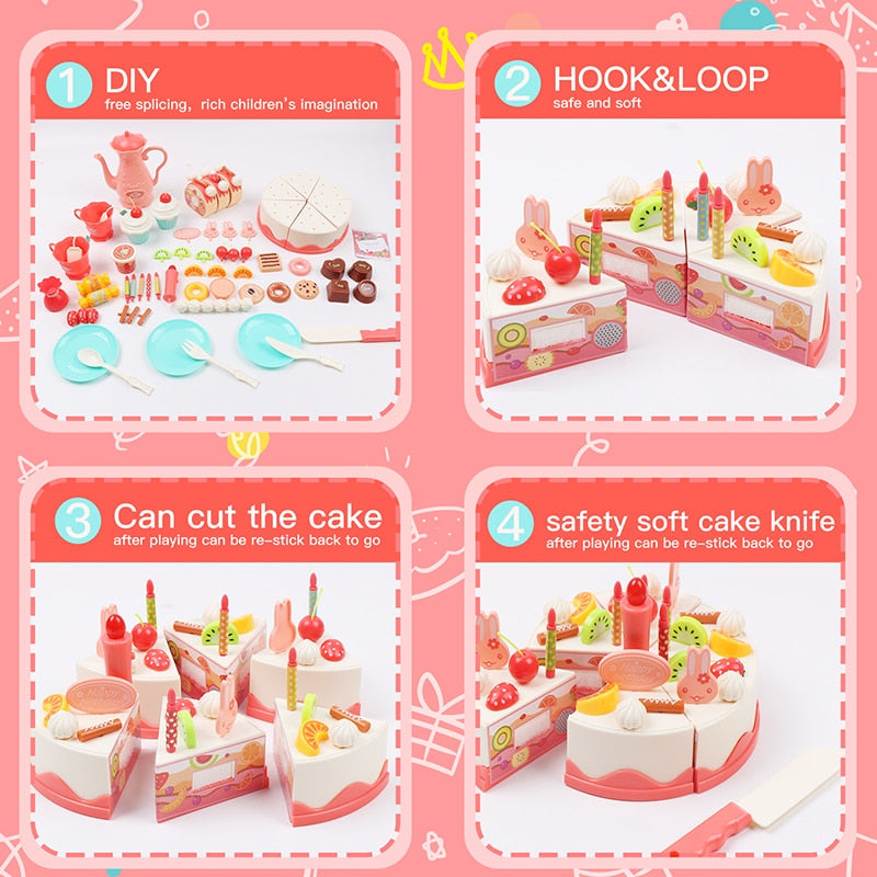 83 Pcs DIY Kitchen Toy Pretend Cutting Birthday Cake Toys Decorating Party Role Play Food Playset Baby Educational Gift