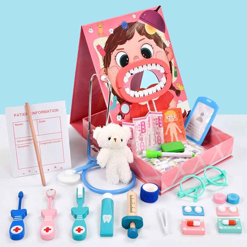 Pretend Play Dentisit Set Simulation Stethoscope Medical Nurse Games Medical Toys For Girls Doctor Kits For Children Wooden Toys