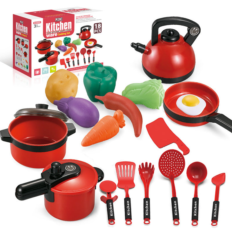 18 Pcs Kitchen Pretend Play Toys Kit Cookware Pots and Pans Set Cooking Utensils Cutting Vegetables Kitchen Accessories for Kids