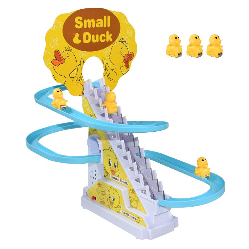 DIY Rail Racing Track Electric Small Duck Climbing Stairs Toy Pig Action Figures Toys Music Roller Coaster Duck Toy For Kid Gift