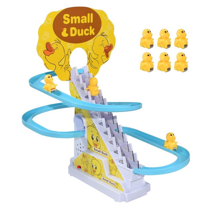 DIY Rail Racing Track Electric Small Duck Climbing Stairs Toy Pig Action Figures Toys Music Roller Coaster Duck Toy For Kid Gift