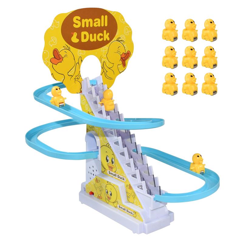 DIY Rail Racing Track Electric Small Duck Climbing Stairs Toy Pig Action Figures Toys Music Roller Coaster Duck Toy For Kid Gift