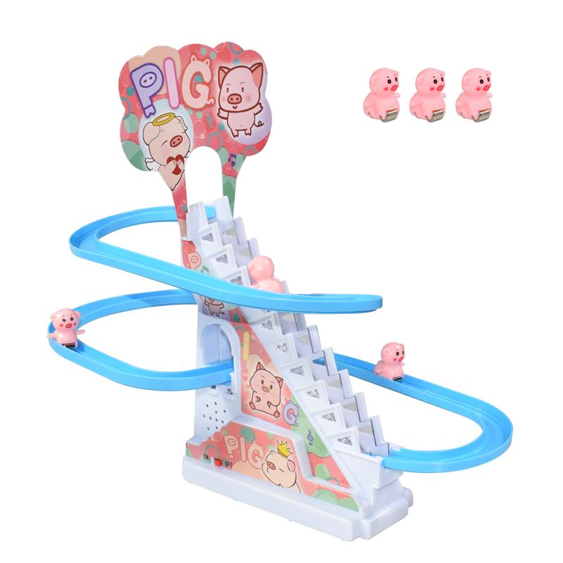 DIY Rail Racing Track Electric Small Duck Climbing Stairs Toy Pig Action Figures Toys Music Roller Coaster Duck Toy For Kid Gift