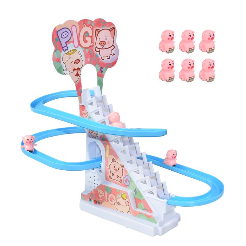 DIY Rail Racing Track Electric Small Duck Climbing Stairs Toy Pig Action Figures Toys Music Roller Coaster Duck Toy For Kid Gift