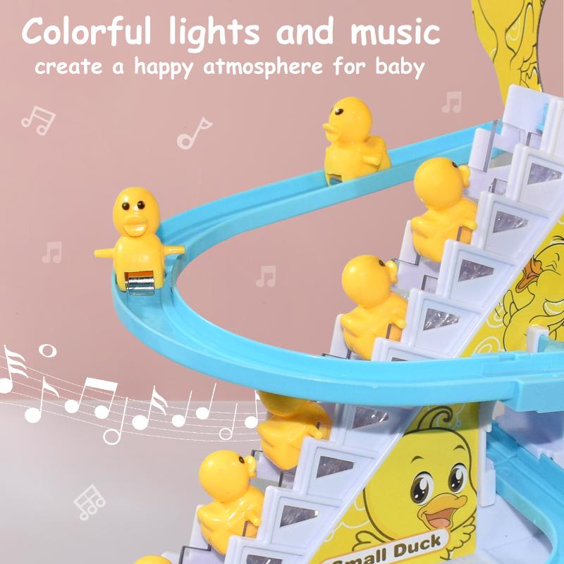 DIY Rail Racing Track Electric Small Duck Climbing Stairs Toy Pig Action Figures Toys Music Roller Coaster Duck Toy For Kid Gift