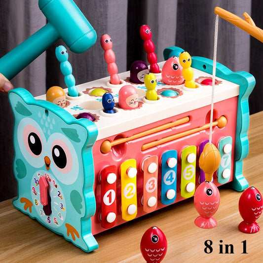 Baby Montessori Toys Magnetic Fishing Owl Cube Learning Educational Clock Kids Hammer Game with Music Puzzle for Piano Gift