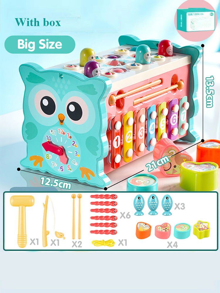 Baby Montessori Toys Magnetic Fishing Owl Cube Learning Educational Clock Kids Hammer Game with Music Puzzle for Piano Gift