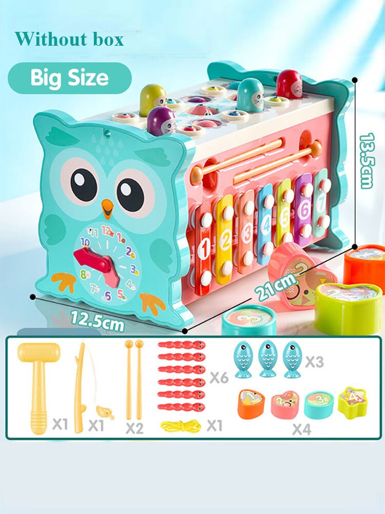 Baby Montessori Toys Magnetic Fishing Owl Cube Learning Educational Clock Kids Hammer Game with Music Puzzle for Piano Gift